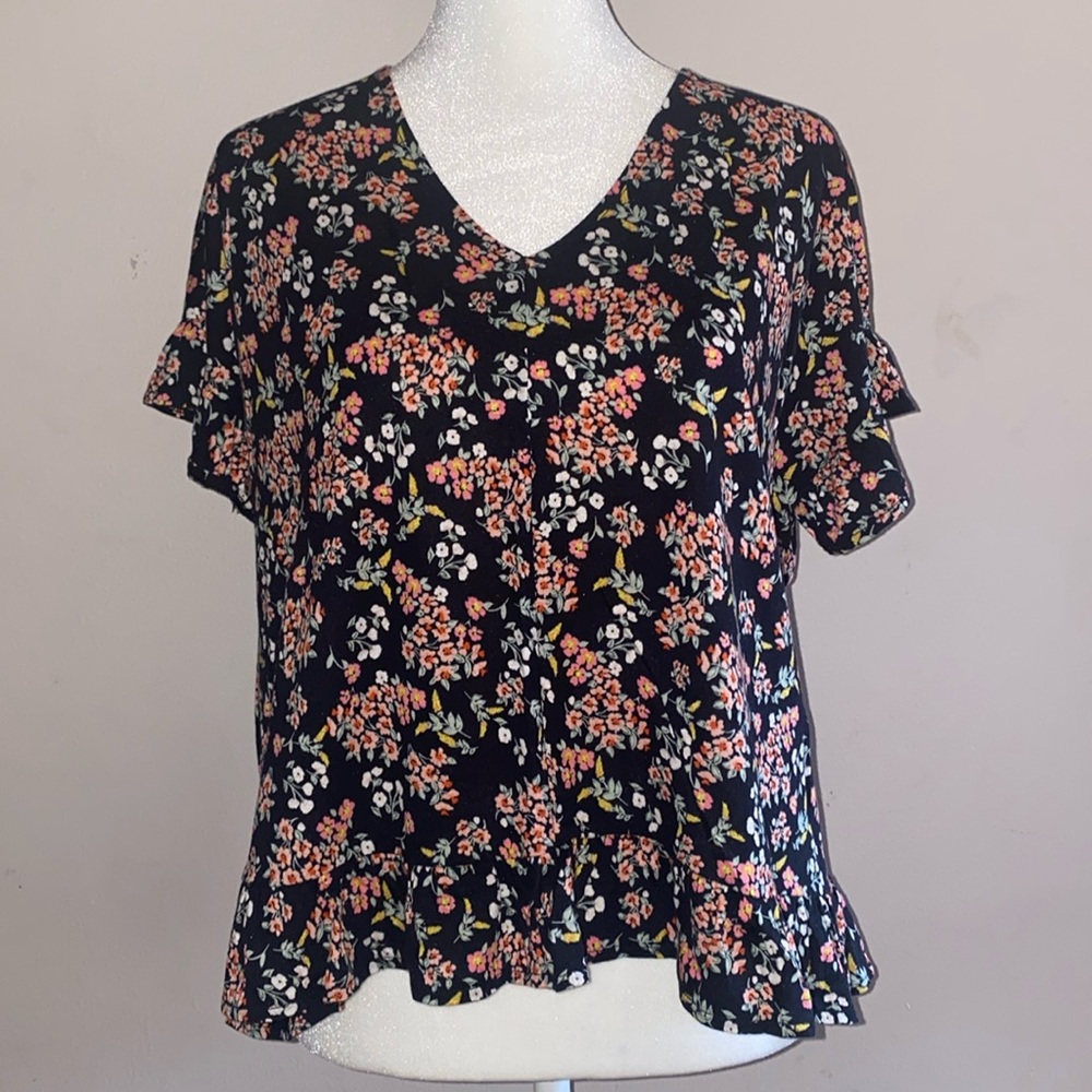 Loft Floral Ruffle Short Sleeve Tee - Navy
